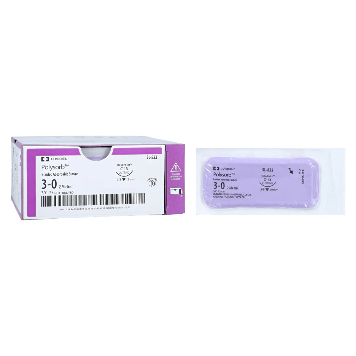 Medtronic Polysorb Absorbable Suture, 3-0, 30", C-13 Reverse Cutting 3/8 Circle Needle 19mm, Undyed, 36/Case thumbnail 2
