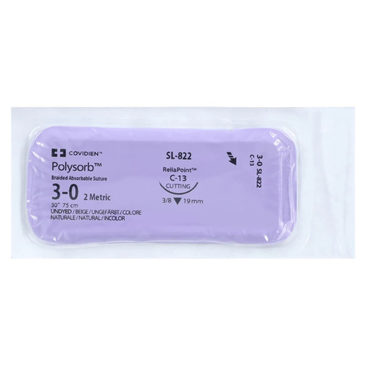 Medtronic Polysorb Absorbable Suture, 3-0, 30", C-13 Reverse Cutting 3/8 Circle Needle 19mm, Undyed, 36/Case thumbnail 3