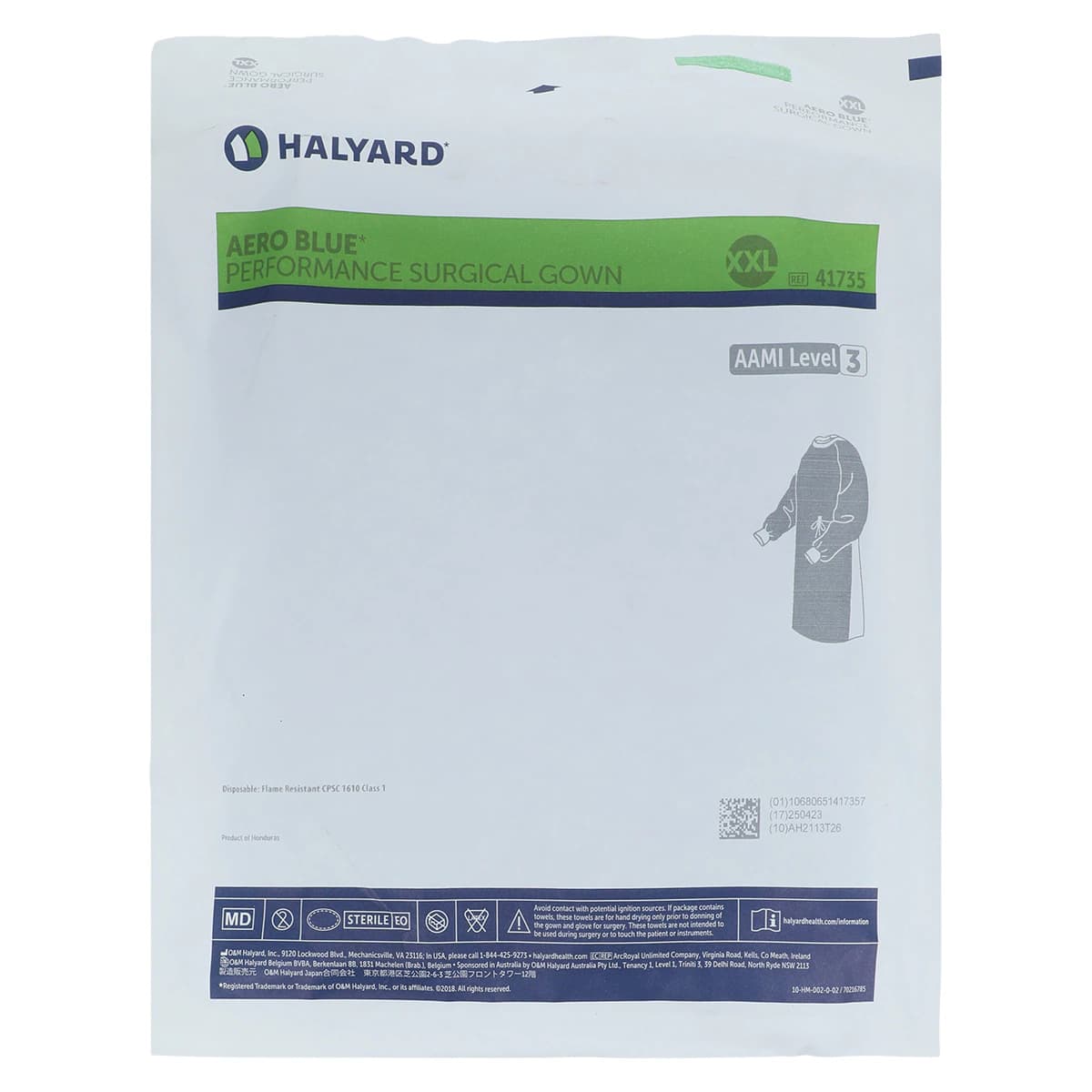 O & M Halyard Aero Surgical Gown, AAMI Level 3, Sterile, Standard/2X Large, Blue, Hook & Loop Neck, Raglan Sleeves thumbnail 7