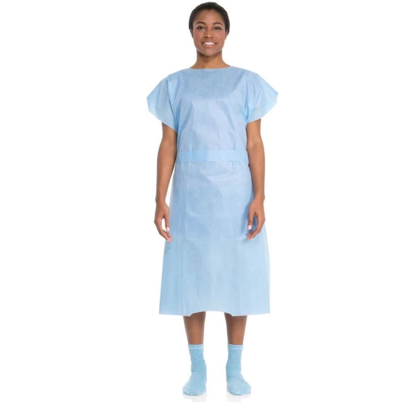 O & M Halyard Exam Gown, Disposable SMS, Blue, Universal Size, 30 in x 42 in, 100/Case - Gowns Exam Disp SMS Blue - Image 1