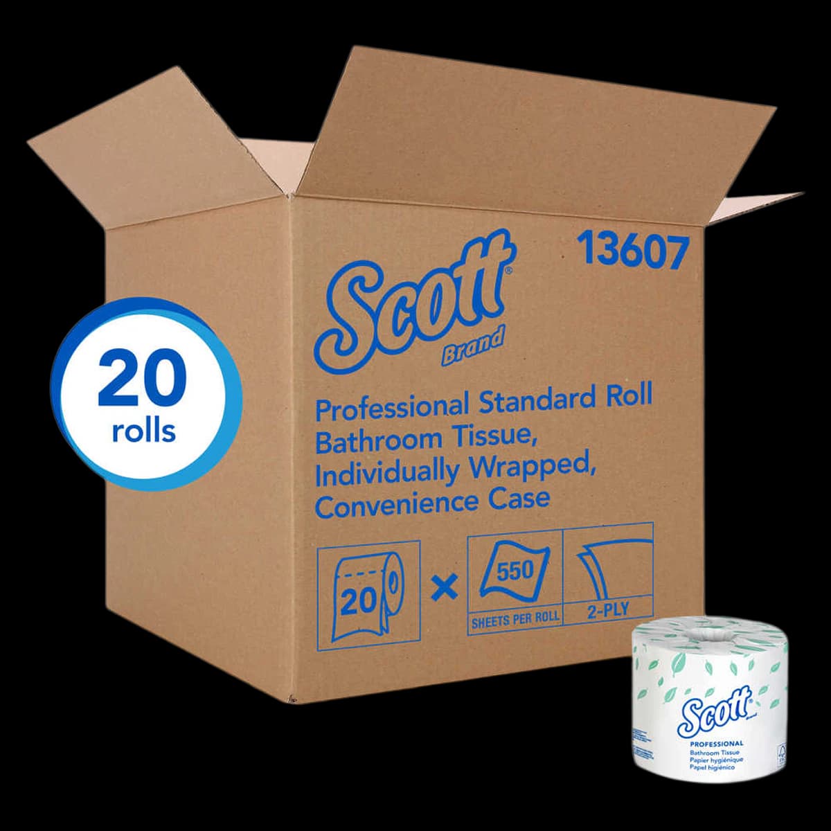 Scott Essential Standard Roll Bathroom Tissue for Business, 2-Ply, White, 4" x 4", 20 Rolls/Case - Scott Essential Standard Roll Bathroom Tissue for Business - Image 1