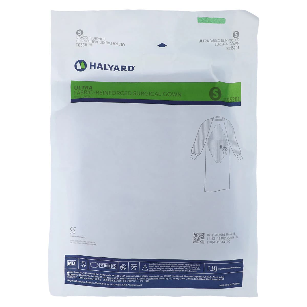 O & M Halyard Ulta Reinforced Surgical Gown, SMS Fabric, Sterile, Small, Blue/Green, Hook & Loop Neck, Raglan Sleeves with Towel, 30/Case thumbnail 6