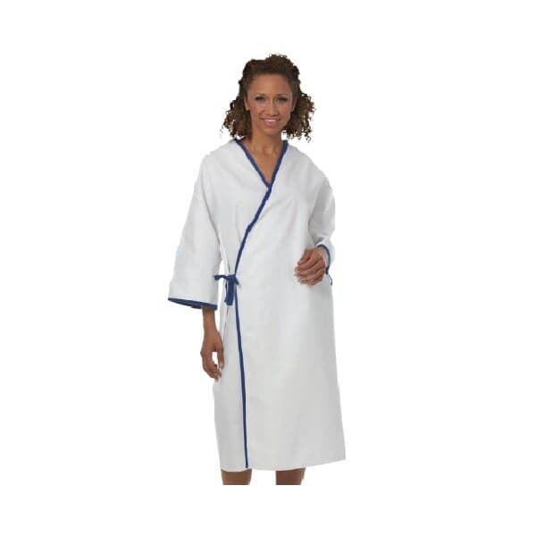 Fashion Seal Patient Exam Gown, Adult Unisex, One Size, White with Blue Trim, Polyester/Cotton Sheeting, 3/4 Sleeves, Reversible, Each - Gown Exam w/Ties White/Bl Trim - Image 1