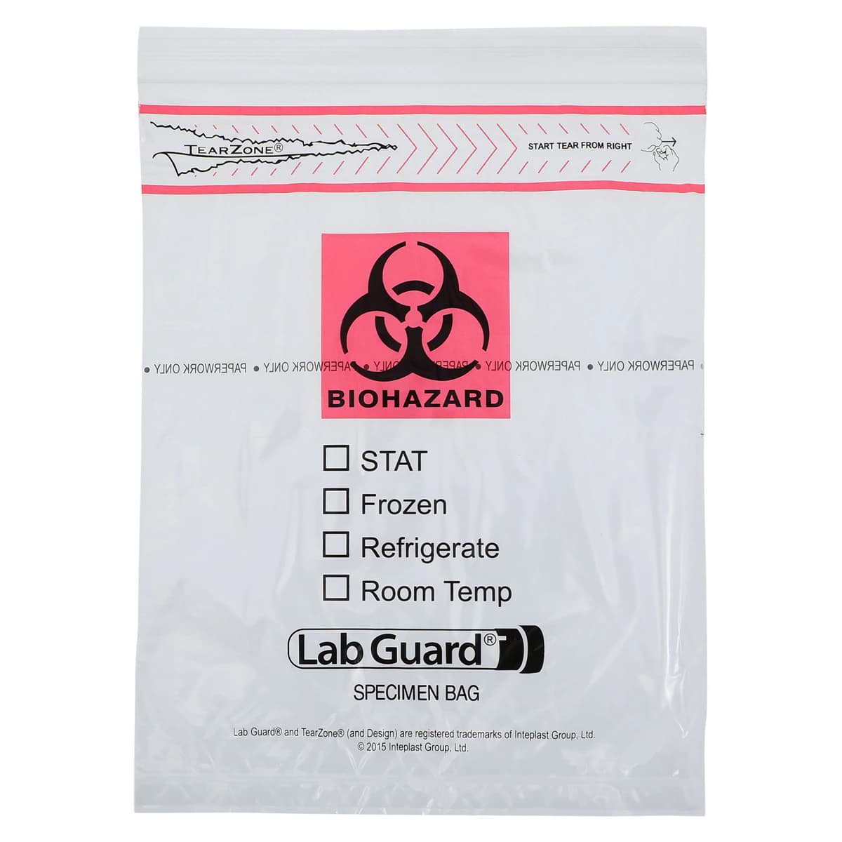 Lab Guard Specimen Bag with Biohazard Logo, 8x10", Clear Zip Closure with Flap, 1000/Case - Specimen Bag W/Biohazard Logo - Image 1