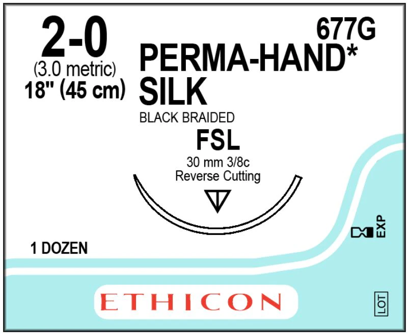 Ethicon Perma-Hand Silk Braided Suture, 2-0, 18", Black, FSL Reverse Cutting 3/8 Circle Needle 30mm, 12/Box, 677G - Suture Perma Hand Silk Blk FSL - Image 1