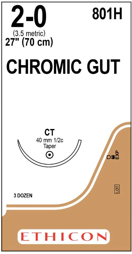 Ethicon Chromic Surgical Gut Suture, 2-0, 27" CT-1 Taper Point 1/2 Circle Needle, 36/Bx, 801H - ETHICON SURGICAL GUT SUTURE - CHROMIC 801H - Image 1