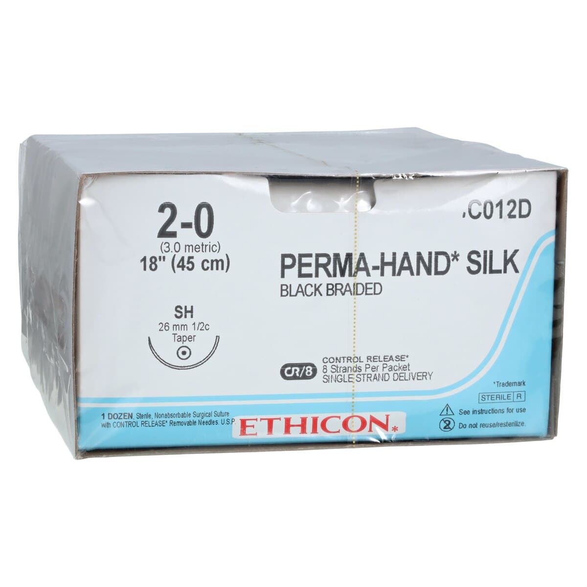 Ethicon Perma-Hand Silk Braided Non-Absorbable Suture, Size 2-0, 18" (8-18"), SH Taper Point 1/2 Circle Needle 26mm, Coated Black, 12/Box, C012D thumbnail 2