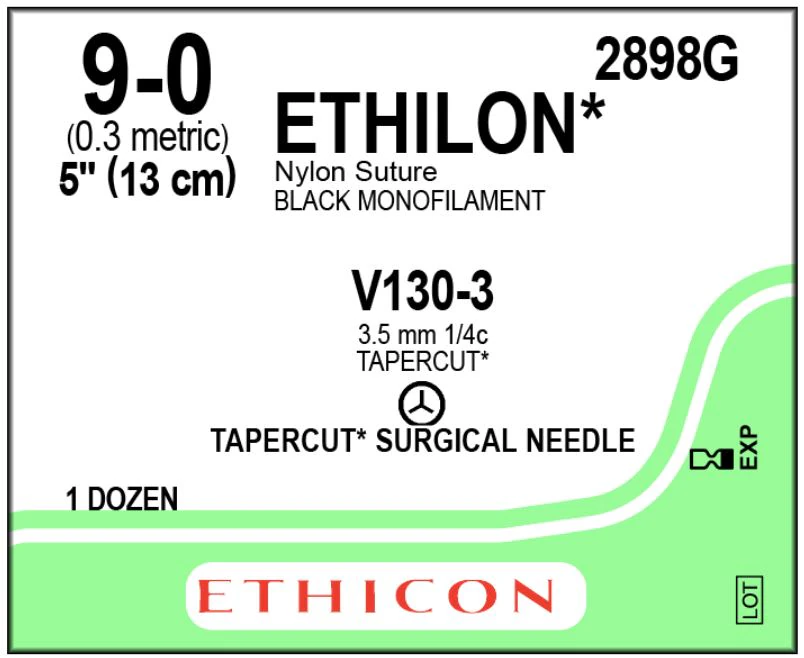Ethicon Ethilon Nylon Suture, 9-0, 5", Black Monofilament, V130-3 Tapercut Needle, 1/4 Circle, 12/Box, 2898G - ETHICON ETHILON NYLON SUTURES, 2898G - Image 1