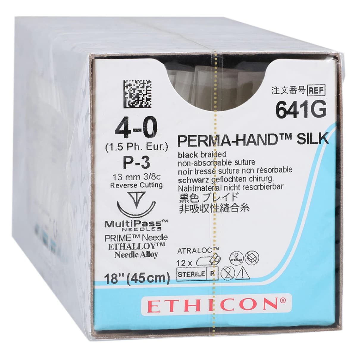 Ethicon Perma-Hand Braided Silk Suture, 4-0, Black, 18" with P-3 Reverse Cutting Needle, 12/Box, 641G - 4-0 Braided Silk Sutures with P-3 Needle, Black, 12/Pk, 641G - Image 1