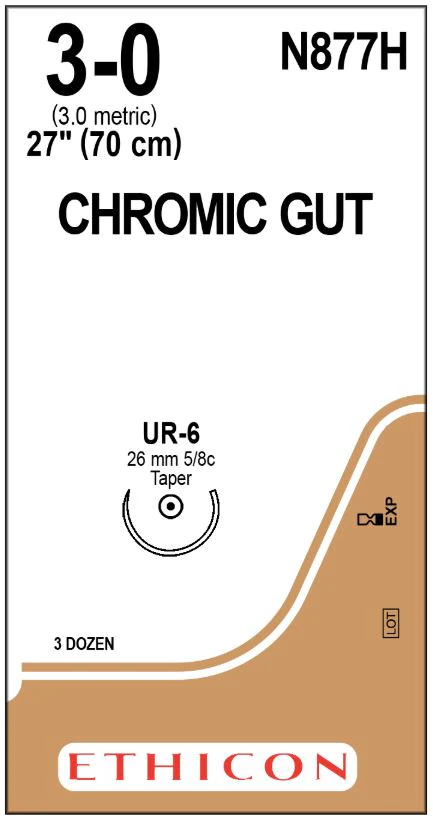 Ethicon Chromic Gut Surgical Suture, 3-0, 27", UR-6 Taper Point 5/8 Circle Needle, Brown, 36/Bx, N877H - ETHICON SURGICAL GUT SUTURE - CHROMIC N877H - Image 1