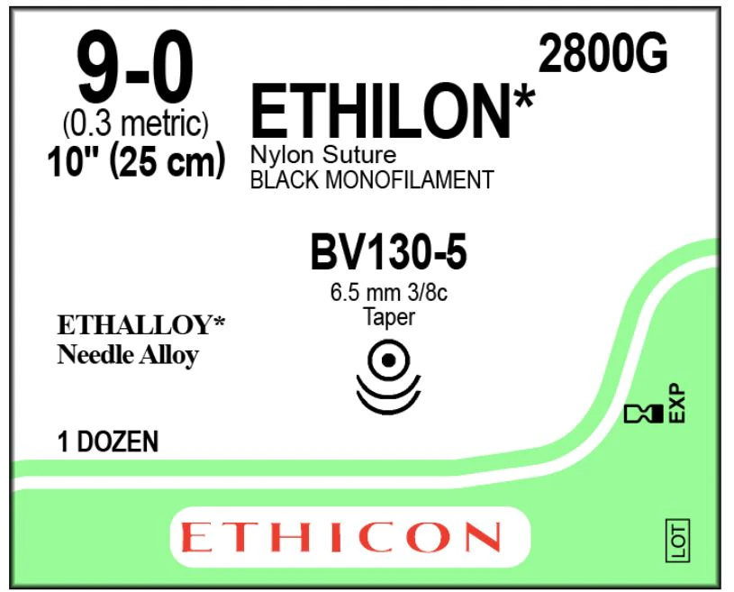 Ethicon Ethilon Nylon Suture, 9-0, 10", Black Monofilament, BV130-5 Taper Point 3/8 Circle Needle, 12/Box, 2800G - ETHICON ETHILON NYLON SUTURES, 2800G - Image 1