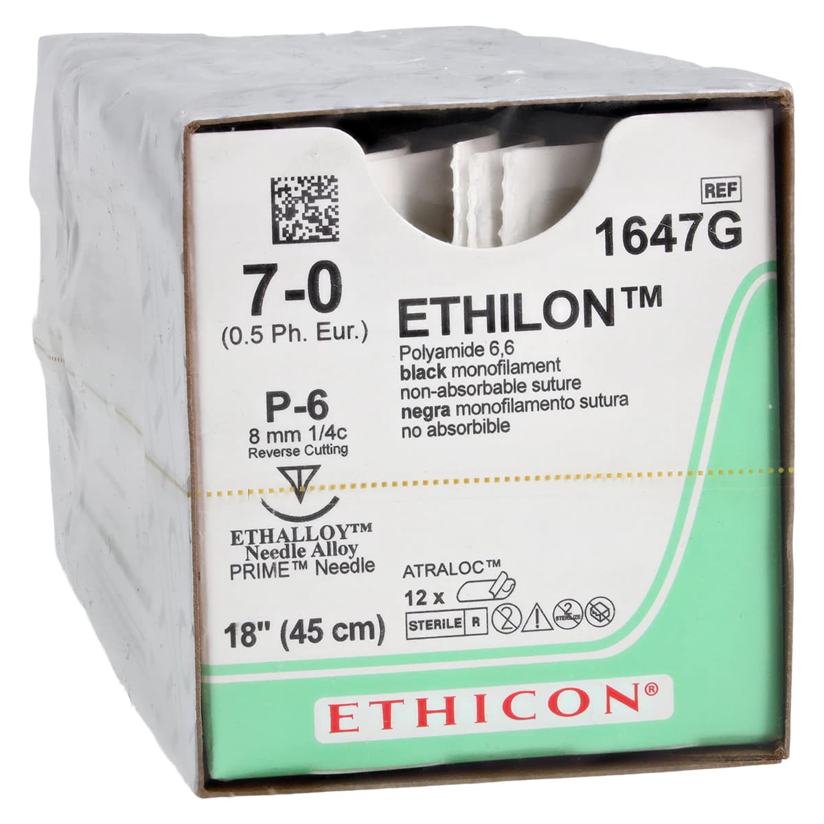 Ethicon Ethilon Nylon Monofilament Non-Absorbable Suture, Size 7-0, 18", P-6 Prime Reverse Cutting Needle, 3/8 Circle, 8mm, Black, 12/Box, 1647G thumbnail 2