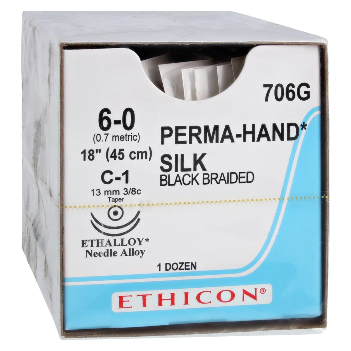 Ethicon Perma-Hand Silk Braided Non-Absorbable Suture, 6-0, 18", C-1 Taper Point Needle, 3/8 Circle, 13mm, Black, 12/Box, 706G thumbnail 2