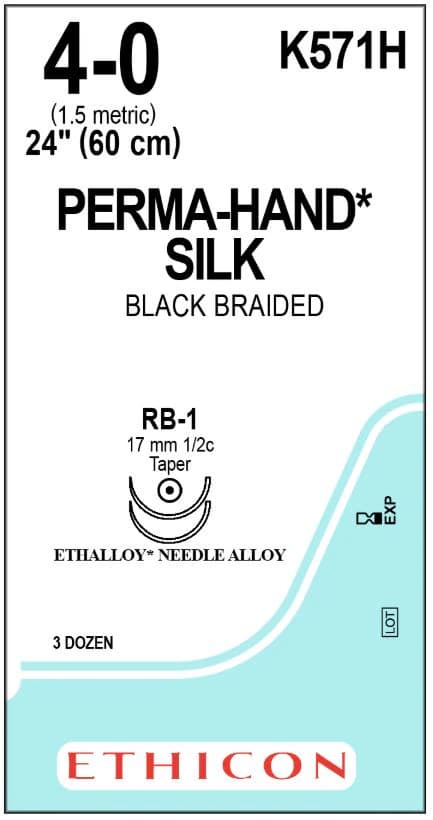 Ethicon Perma-Hand Silk Braided Non-Absorbable Suture, Size 4-0, 24 in, RB-1 Taper Point 1/2 Circle Needle, Black, 36/Box - Suture Silk Black RB-1 - Image 1
