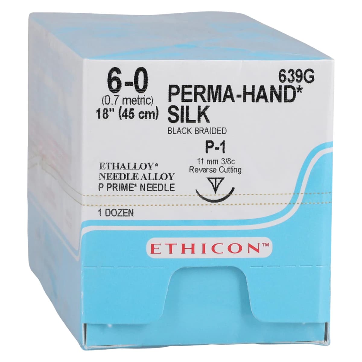 Ethicon Perma-Hand Silk Braided Non-Absorbable Suture, 6-0, 18", Black, P-1 Reverse Cutting Needle, 12/Box thumbnail 2