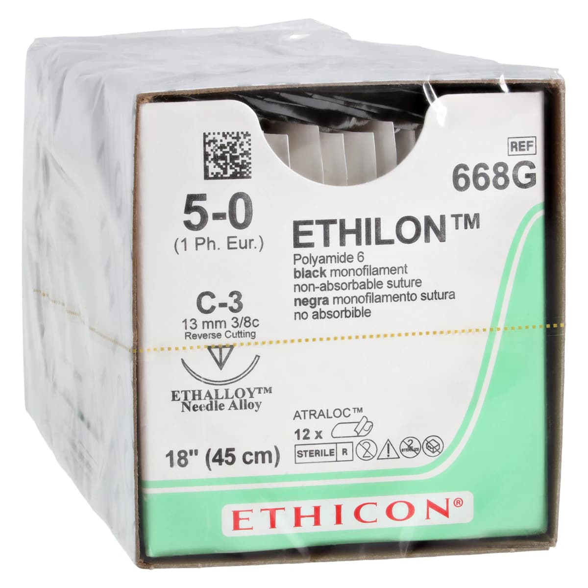 Ethilon Nylon Monofilament Non-Absorbable Suture, 5-0, 18", C-3 Reverse Cutting Needle, 3/8 Circle, 13mm, Black, 12/Box, 668G - Ethilon Suture 5-0 18" Nylon Monofilament C-3 Black 12Bx - Image 1