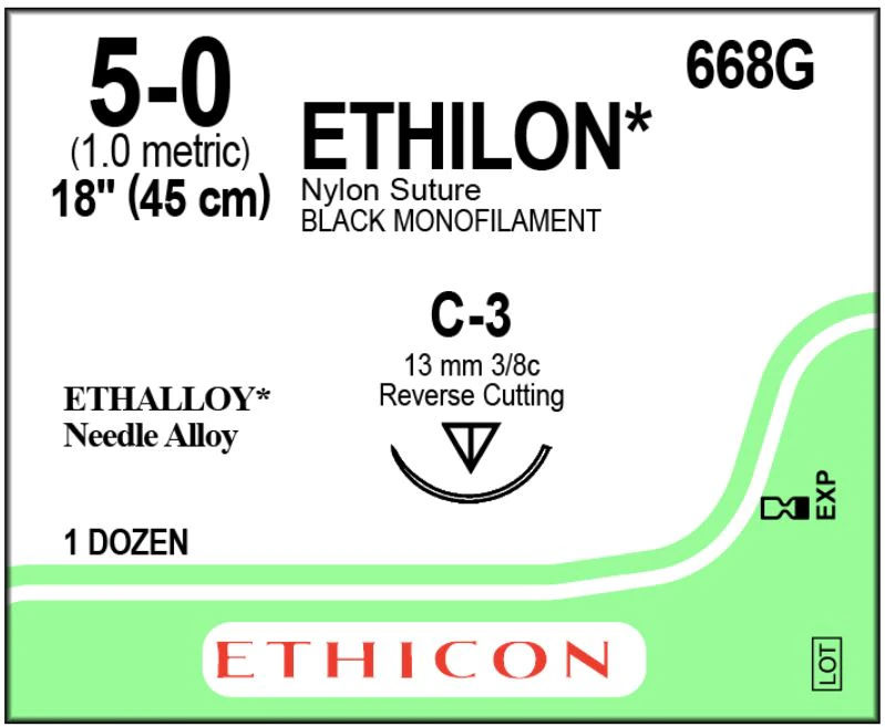 Ethilon Nylon Monofilament Non-Absorbable Suture, 5-0, 18", C-3 Reverse Cutting Needle, 3/8 Circle, 13mm, Black, 12/Box, 668G thumbnail 2