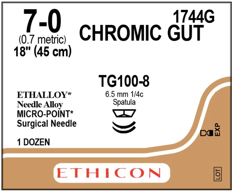 Ethicon Chromic Gut Surgical Suture, 7-0, 18", TG100-8 Micropoint Spatula Needle, 1/4 Circle, 12/Bx, 1744G - ETHICON SURGICAL GUT SUTURE - CHROMIC 1744G - Image 1