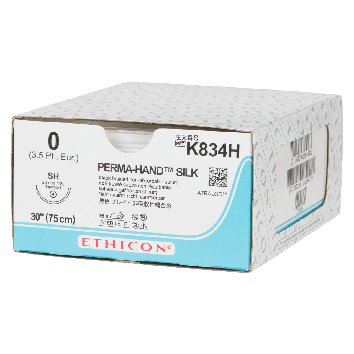 Perma-Hand Silk Braided Non-Absorbable Suture, Size 0, 30", Black, SH Taper Point 1/2 Circle Needle 26mm, 36/Box thumbnail 2