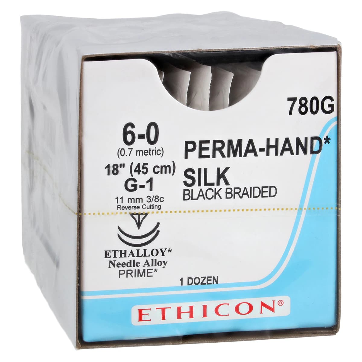 Perma-Hand Silk Braided Non-Absorbable Suture, Size 6-0, 18 in, G-1 Reverse Cutting 3/8 Circle Needle, Black, 12/Box - Suture Silk P-1 - Image 1