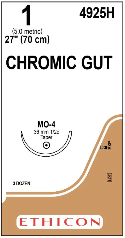 Ethicon Chromic Surgical Gut Suture, Size 1, 27" with MO-4 Taper Point 1/2 Circle Needle, 36/Bx, 4925H - ETHICON SURGICAL GUT SUTURE - CHROMIC 4925H - Image 1