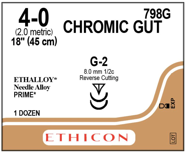 Ethicon Chromic Gut Surgical Suture, 4-0, 18", G-2 Reverse Cutting Needle, 1/2 Circle, 12/Bx, 798G - ETHICON SURGICAL GUT SUTURE - CHROMIC 798G - Image 1
