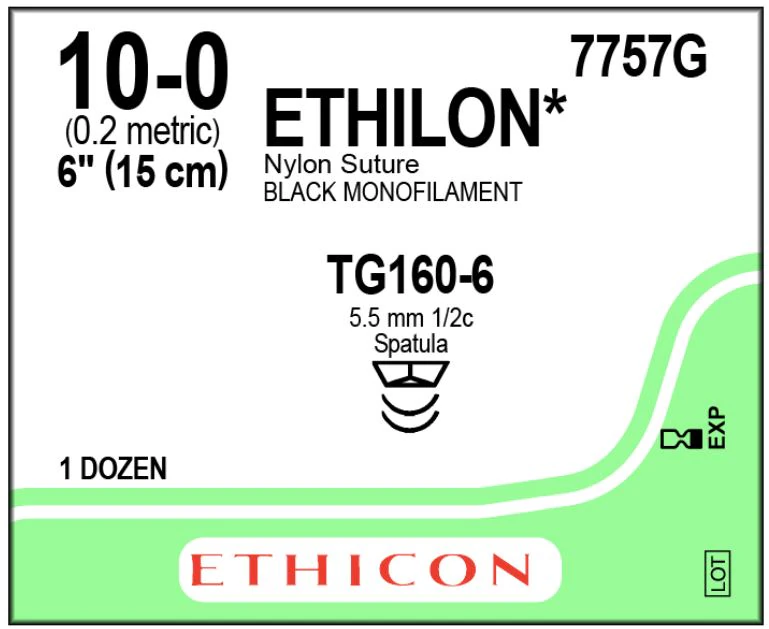 Ethicon Ethilon Nylon Suture, 10-0, Black Monofilament, TG160-6 Micropoint Spatula Needle, 1/2 Circle, 6", 12/Box, 7757G - ETHICON ETHILON NYLON SUTURES, 7757G - Image 1