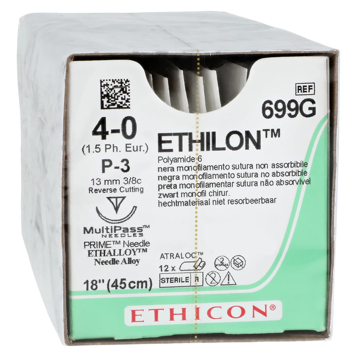 Ethicon Ethilon Nylon Sutures, 4-0, 18", Black, Monofilament, P-3 Precision Point Reverse Cutting, 3/8 Circle Needle, 13mm, Non-Absorbable, 12/Bx, 699G thumbnail 2