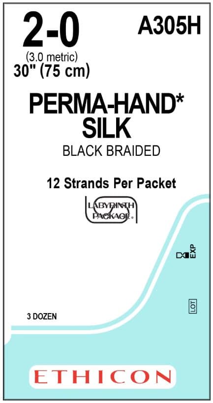 Ethicon Perma-Hand Silk Suture, Sutupak Pre-Cut, Size 2-0, 12-30", Black Braided, Non-Absorbable, 36/Box, A305H - ETHICON PERMA-HAND SILK SUTURES, A305H - Image 1
