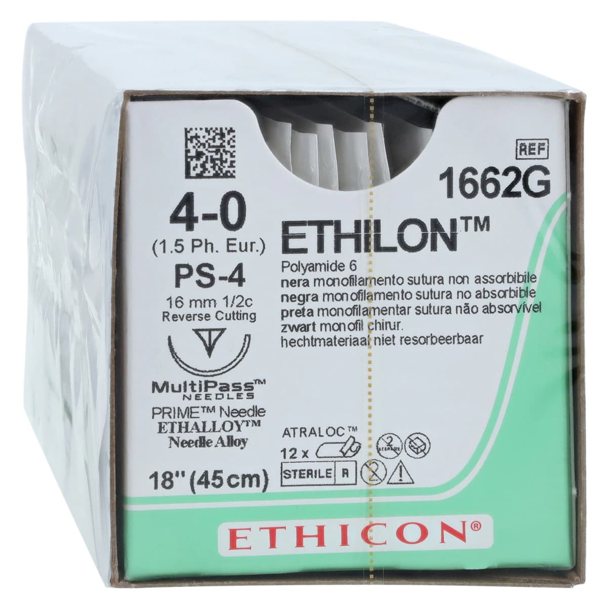 Ethilon Nylon Monofilament Non-Absorbable Suture, 4-0, 18", PS-4 Prime Reverse Cutting 1/2 Circle Needle 16mm, Black, 12/Box, 1662G thumbnail 2