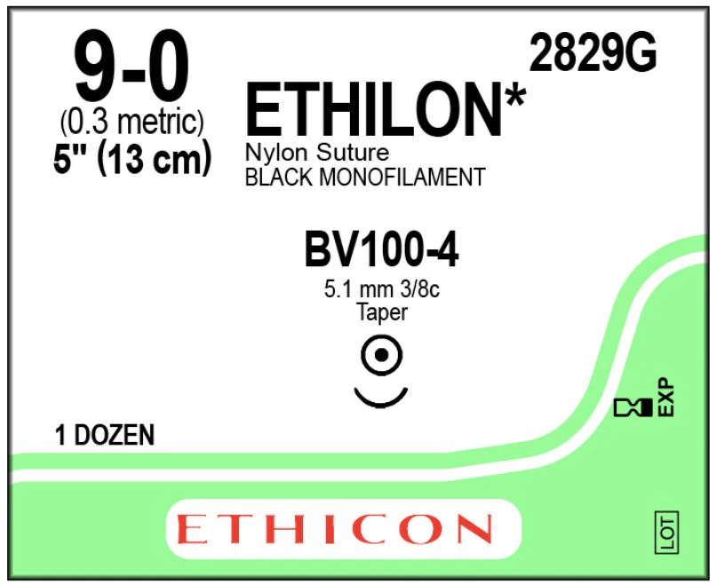 Ethicon Ethilon Nylon Suture, 9-0, 5", Black Monofilament, BV-100-4 Taper Point Needle, 3/8 Circle, 12/Box, 2829G - ETHICON ETHILON NYLON SUTURES, 2829G - Image 1