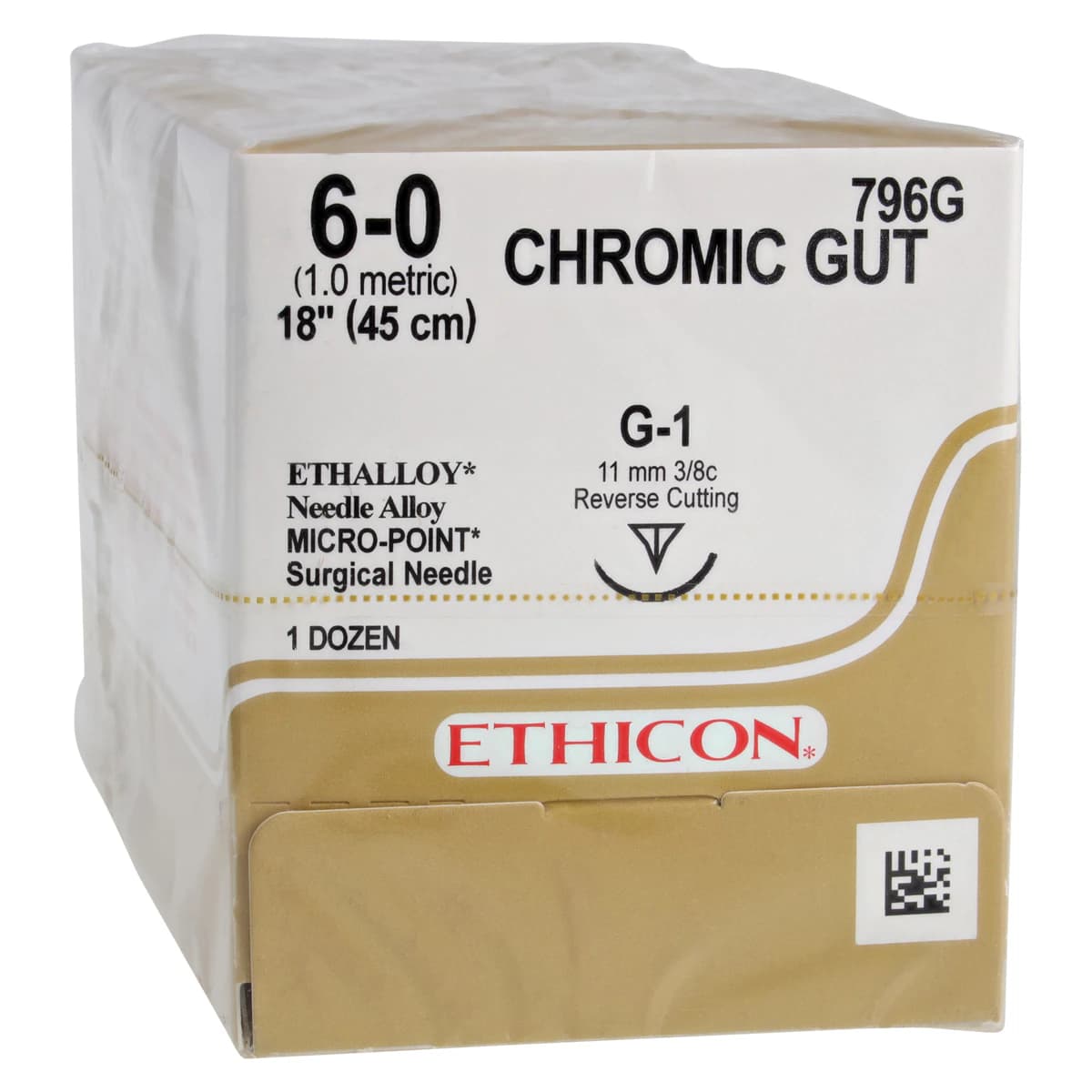 Ethicon Chromic Gut Surgical Suture, 6-0, 18", G-1 Reverse Cutting Needle, 3/8 Circle, 12/Bx, 796G thumbnail 2