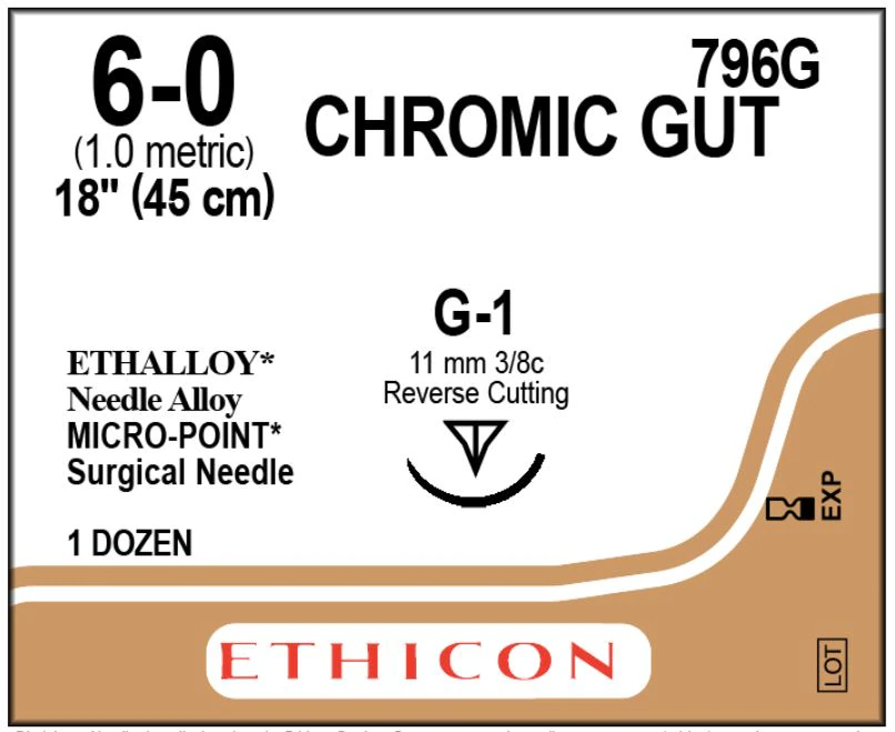 Ethicon Chromic Gut Surgical Suture, 6-0, 18", G-1 Reverse Cutting Needle, 3/8 Circle, 12/Bx, 796G - ETHICON SURGICAL GUT SUTURE - CHROMIC 796G - Image 1