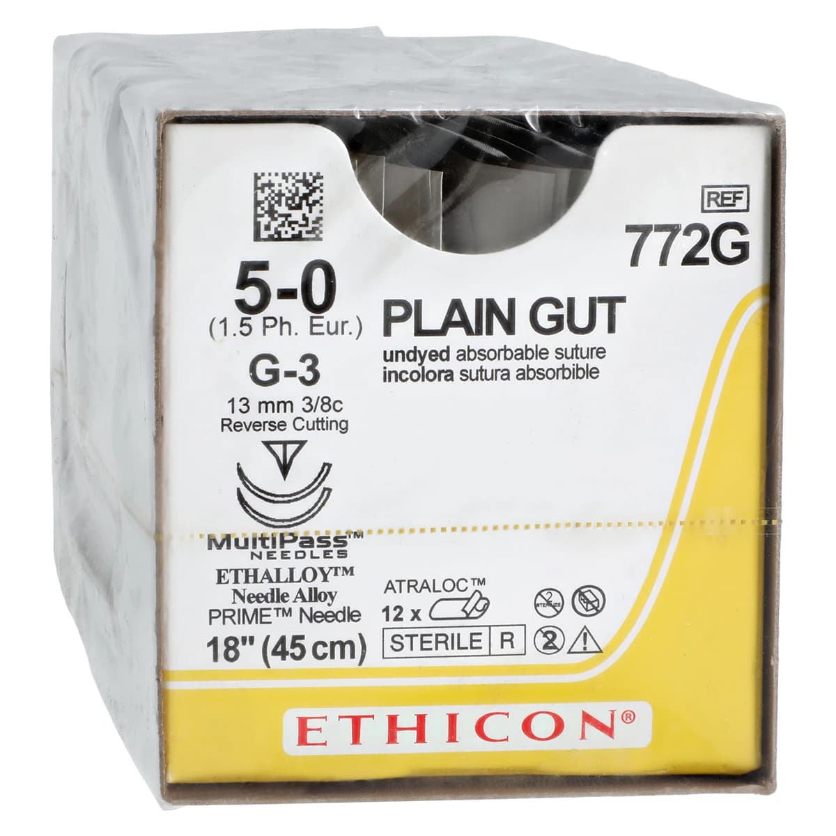 Ethicon Plain Gut Surgical Suture, 5-0, 18", G-3 Reverse Cutting Needle, 13mm, 3/8 Circle, 12/Box, 772G thumbnail 2