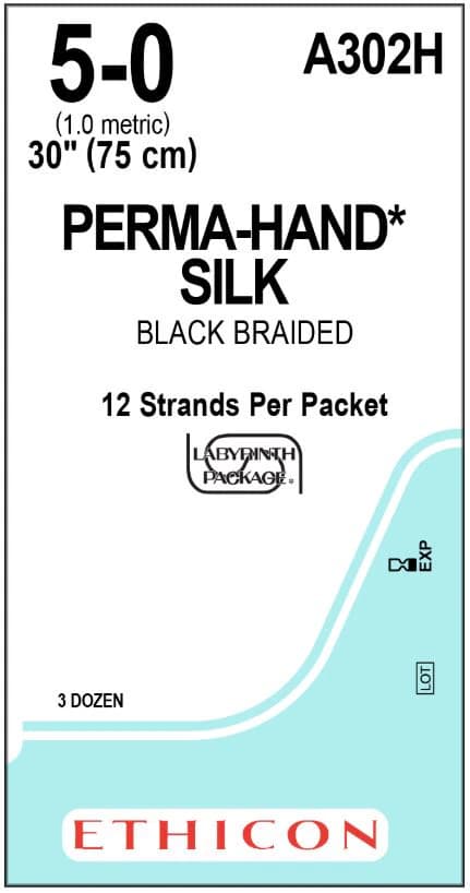 Ethicon Perma-Hand Silk Suture, Braided, Non-Absorbable, Coated Black, Size 5-0, 18", 36/Box, A302H - ETHICON PERMA-HAND SILK SUTURES, A302H - Image 1