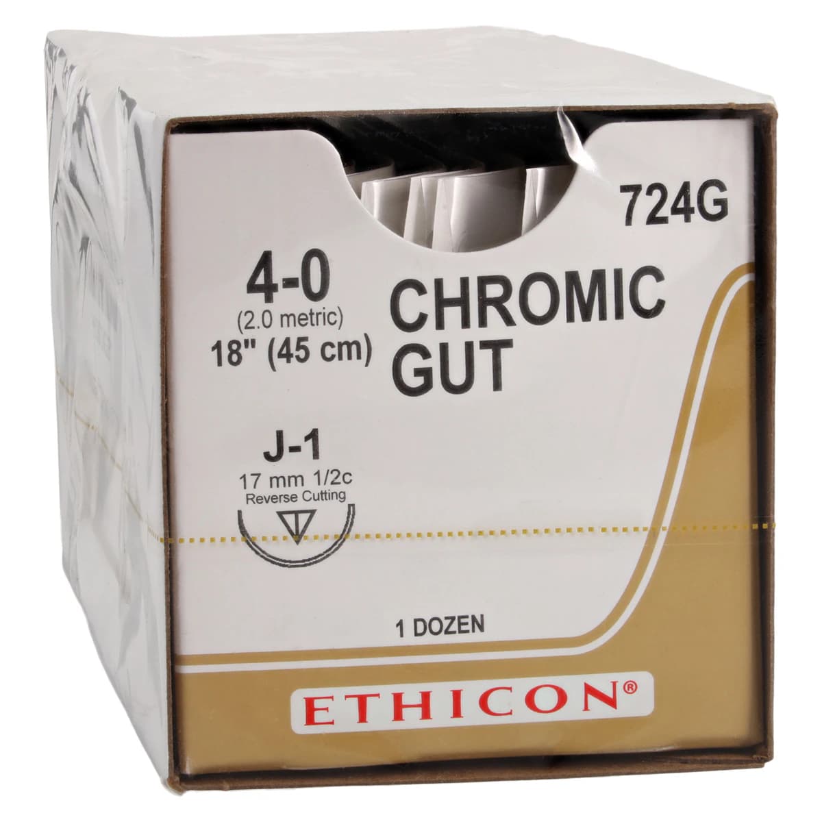 Ethicon Chromic Gut Surgical Suture, 4-0, 18", Reverse Cutting J-1 1/2 Circle Needle, 12/Box, 724G thumbnail 2