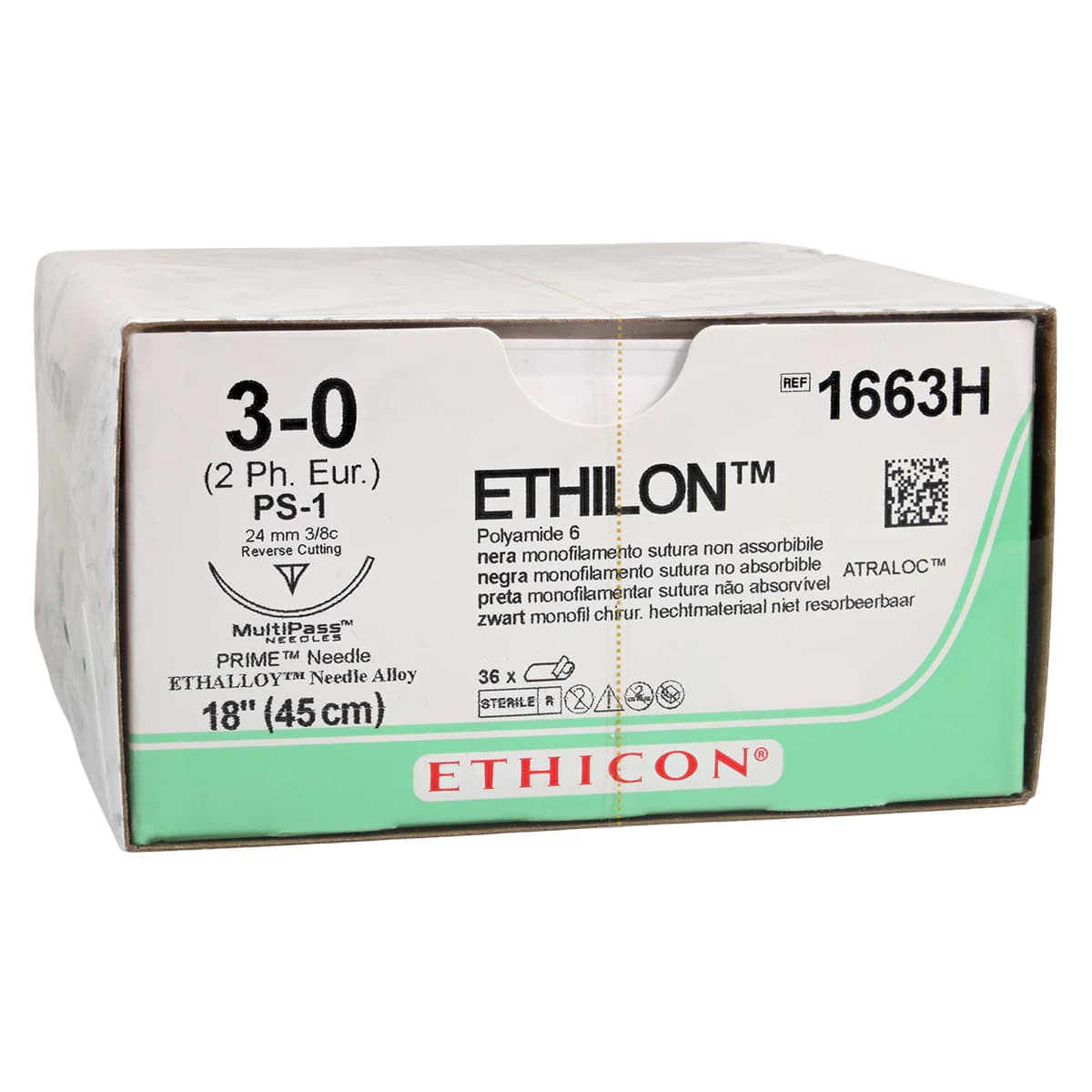 Ethilon Nylon Monofilament Non-Absorbable Suture, 3-0, 18", PS-1 Reverse Cutting 3/8 Circle Needle, Black, 36/Box, 1663H thumbnail 2