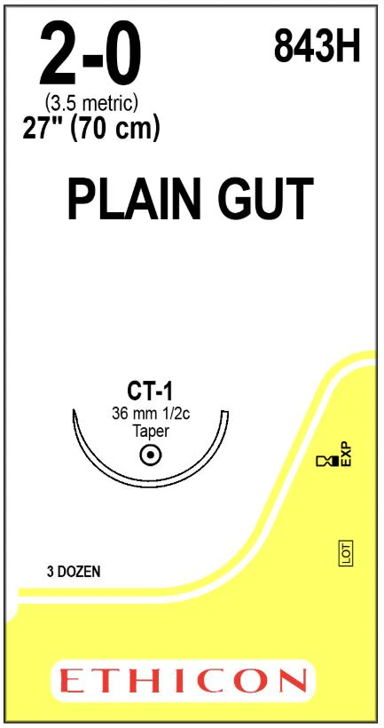 Ethicon Plain Gut Surgical Suture, 2-0, 27", CT-1 Taper Point 1/2 Circle Needle, 36mm, Uncoated, Yellowish Tan, 36/Box, 843H - Suture Surg Gut Mono Bge CT1 - Image 1