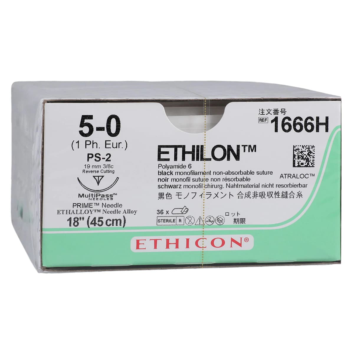 Ethilon Nylon Monofilament Non-Absorbable Suture, 5-0, 18", PS-2 Prime Reverse Cutting 3/8 Circle Needle 19mm, Black, 36/Box thumbnail 2