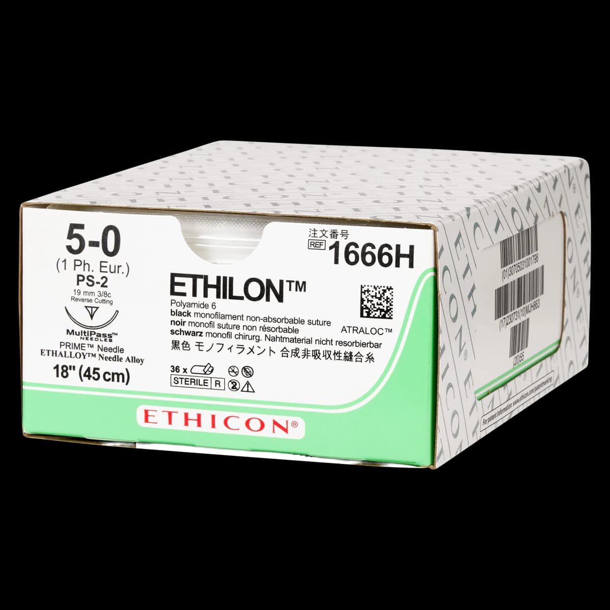 Ethilon Nylon Monofilament Non-Absorbable Suture, 5-0, 18", PS-2 Prime Reverse Cutting 3/8 Circle Needle 19mm, Black, 36/Box - Suture Eth Nyl Mono Blk PS2 - Image 1
