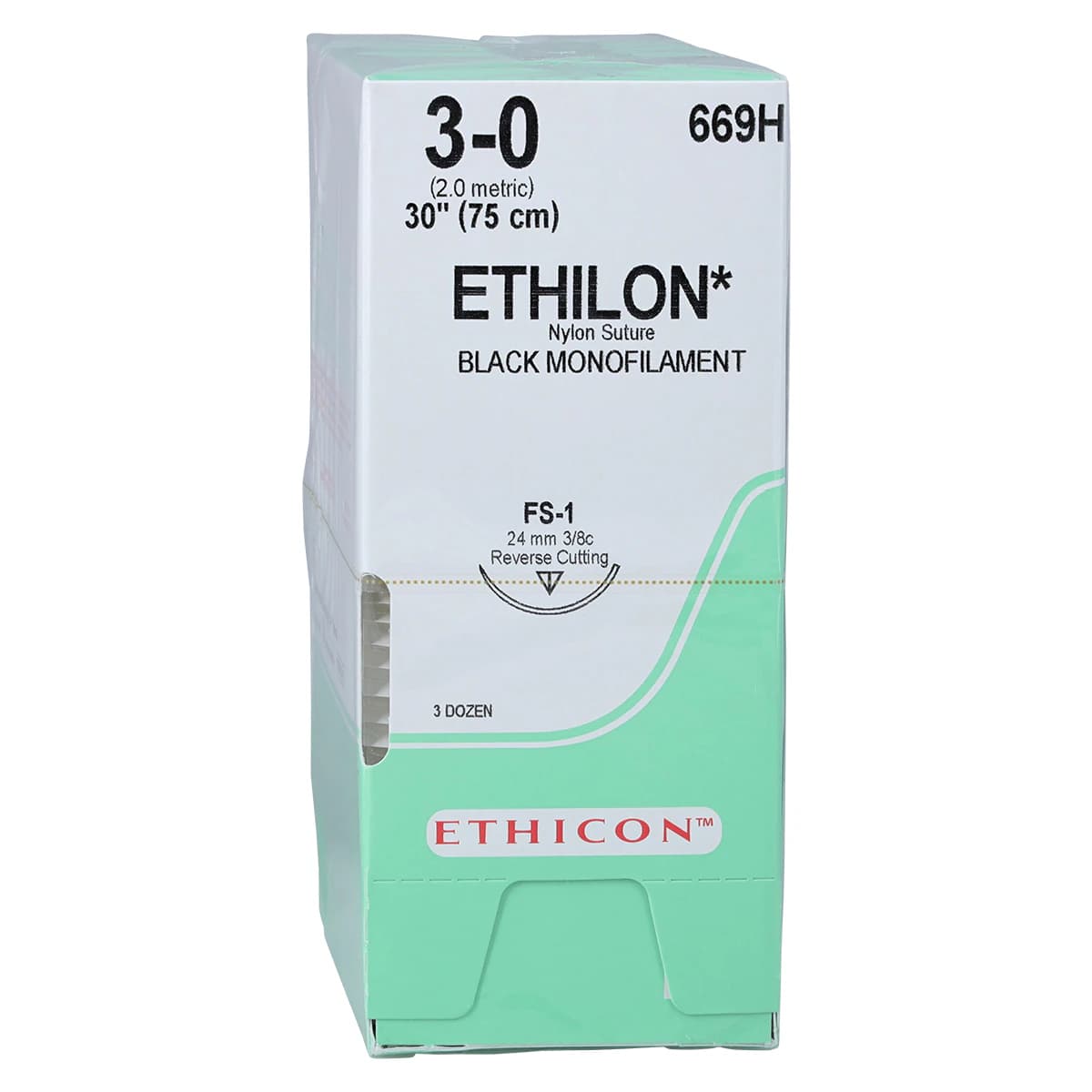 Ethicon Ethilon Nylon Sutures 3-0, 30" Black Monofilament, Reverse Cutting FS-1 Needle, 3/8 Circle, 36/Box, 669H thumbnail 2