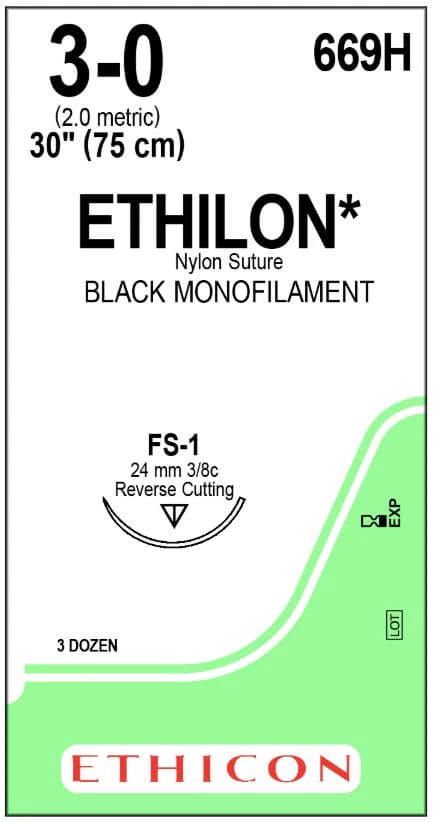 Ethicon Ethilon Nylon Sutures 3-0, 30" Black Monofilament, Reverse Cutting FS-1 Needle, 3/8 Circle, 36/Box, 669H - ETHICON ETHILON NYLON SUTURES 669H - Image 1