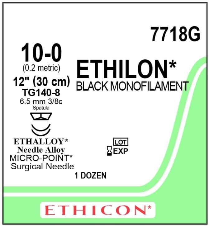 Ethilon Nylon Monofilament Non-Absorbable Suture, Size 10-0, Black, 12" Length, TG140-8 Cutting Edge Spatula Reverse 3/8 Circle Needle, 6.5mm, 12/Box - Suture Ethilon Mono Blk Tg1408 - Image 1