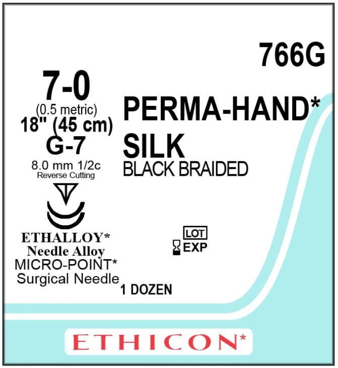 Ethicon Perma-Hand Silk Braided Non-Absorbable Suture, Size 7-0, 18", G-7 Reverse Cutting 1/2 Circle Needle, Black, 12/Box, 766G - Suture Silk Black G-7 - Image 1