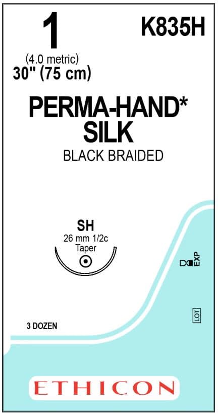 Ethicon Perma-Hand Silk Braided Non-Absorbable Suture, Size 1, 30 in, Black, SH Taper Point 1/2 Circle Needle 26mm, 36/Box - Suture Perma Hand Silk Blk Sh - Image 1