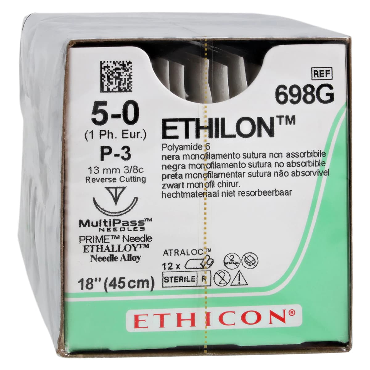 Ethicon Ethilon 5-0 Black Monofilament Non-Absorbable Nylon Suture, 18", P-3 Precision Point Reverse Cutting Needle, 3/8 Circle, 12/Box, 698G thumbnail 2