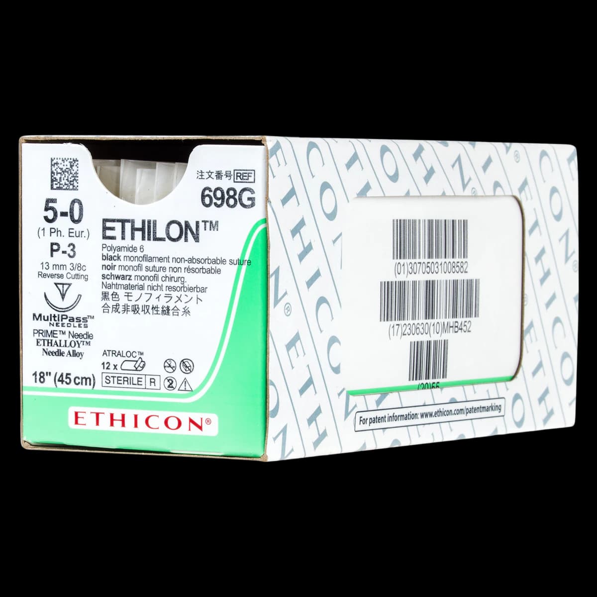 Ethicon Ethilon 5-0 Black Monofilament Non-Absorbable Nylon Suture, 18", P-3 Precision Point Reverse Cutting Needle, 3/8 Circle, 12/Box, 698G - Ethicon Ethilon 5/0 18" Black Monofilament Non-Absorbable Suture With Precision Point, 698G - Image 1