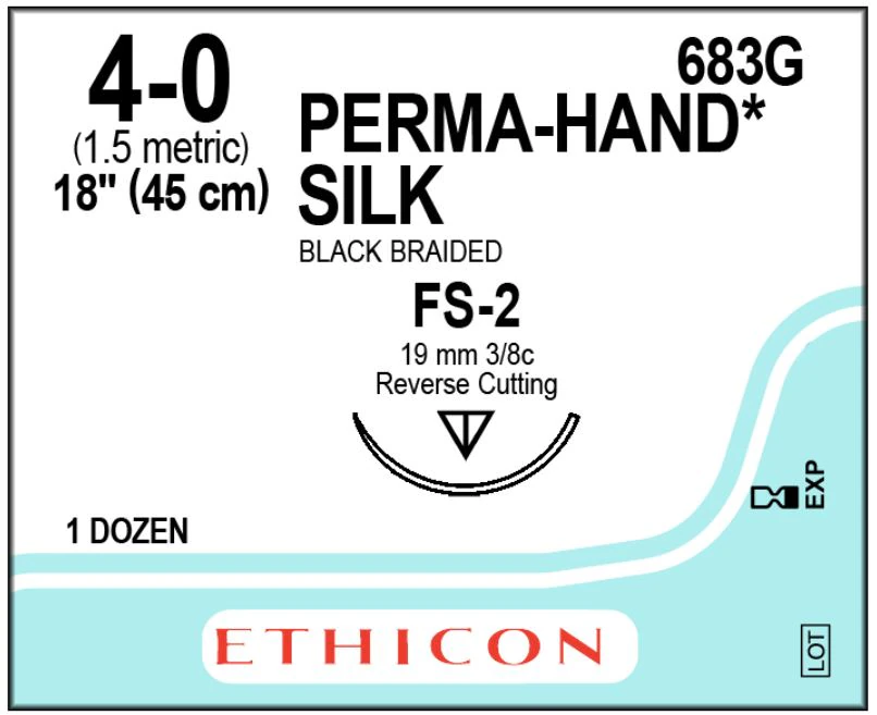 Ethicon Perma-Hand Braided Silk Non-Absorbable Sutures, 4-0, 18", FS-2 Reverse Cutting Needle, 3/8 Circle, Black, 12/Box, 683G - 4-0 Braided Silk Sutures with FS-2 Needle, 18", Black, 12/Pk, 683G - Image 1