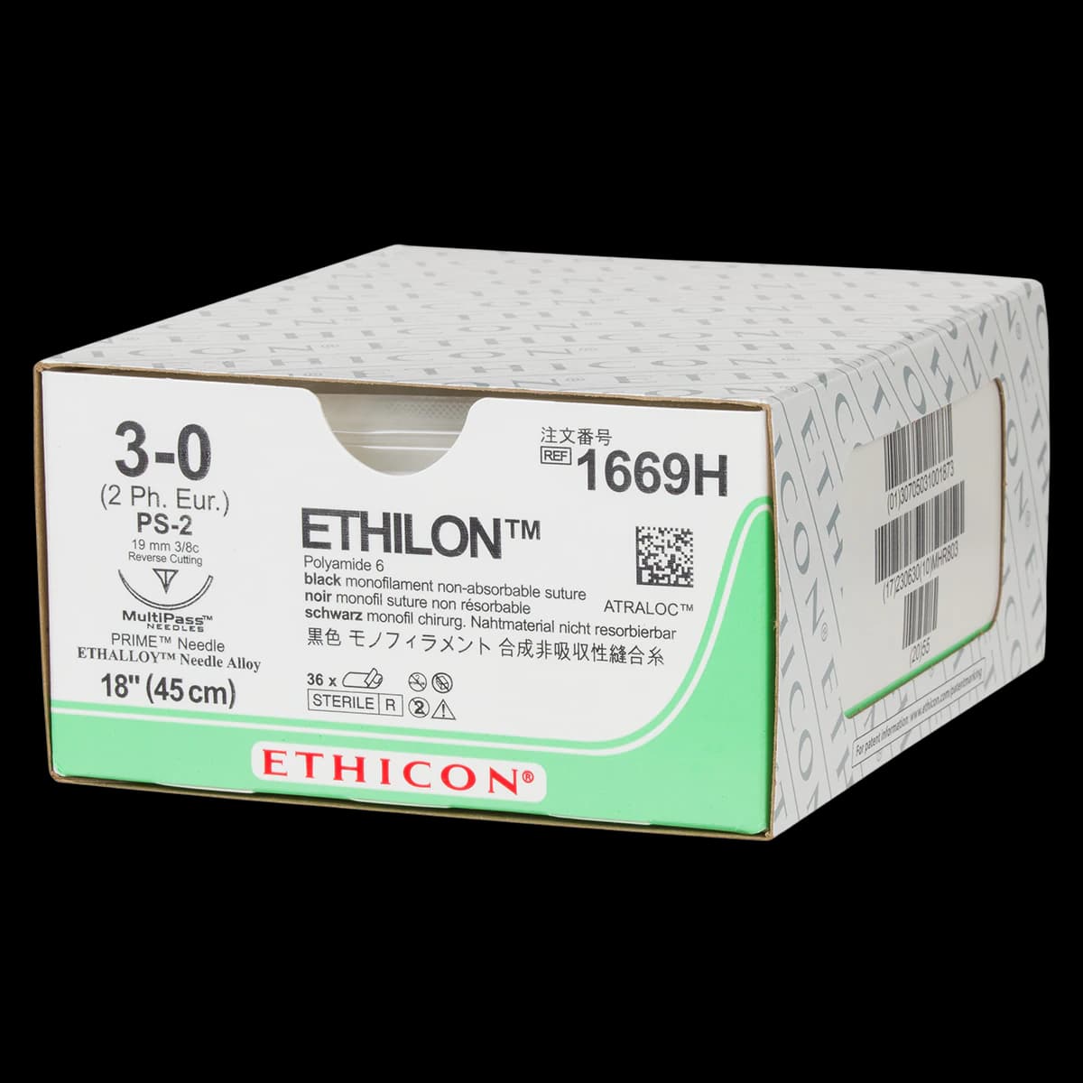 Ethicon Ethilon Nylon Suture, Size 3-0, 18", Black Monofilament, PS-2 Prime Reverse Cutting Needle, 3/8 Circle, 36/Box, 1669H - ETHICON ETHILON NYLON SUTURES, 1669H - Image 1