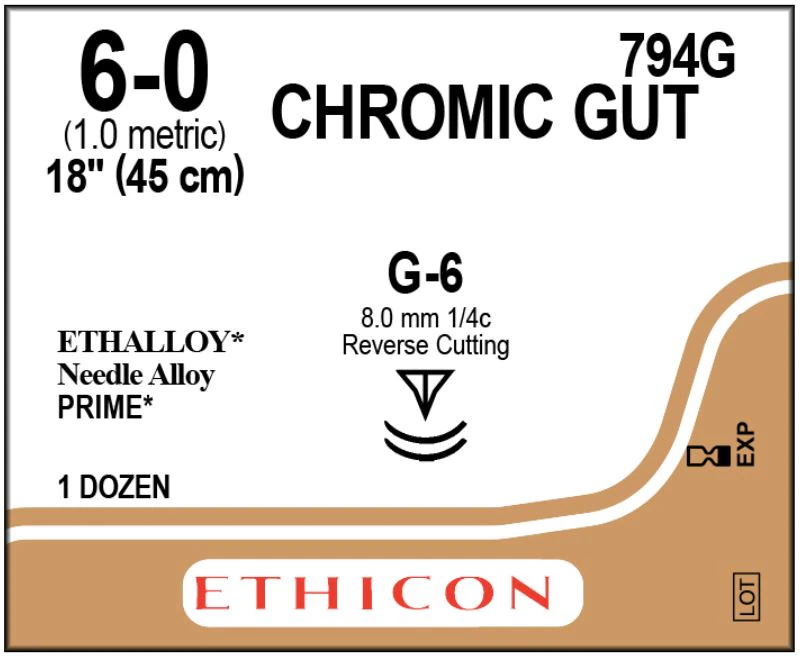 Ethicon Chromic Gut Surgical Suture, 6-0, 18", G-6 Reverse Cutting Needle, 3/8 Circle, 12/Bx, 794G - ETHICON SURGICAL GUT SUTURE - CHROMIC 794G - Image 1